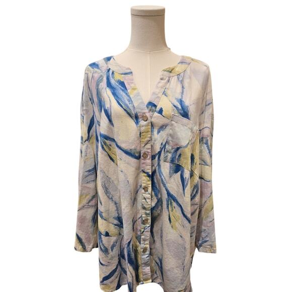 Cupio Linen Blend Button Down Top Roll Tab Sleeve V-Neck Abstract Blouse 2X - Picture 2 of 11
